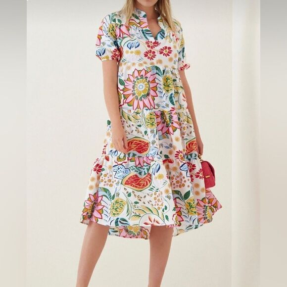 Women’s Short Puffer Sleeve Floral Fit and Flare Midi Dress size M - Picture 5 of 7